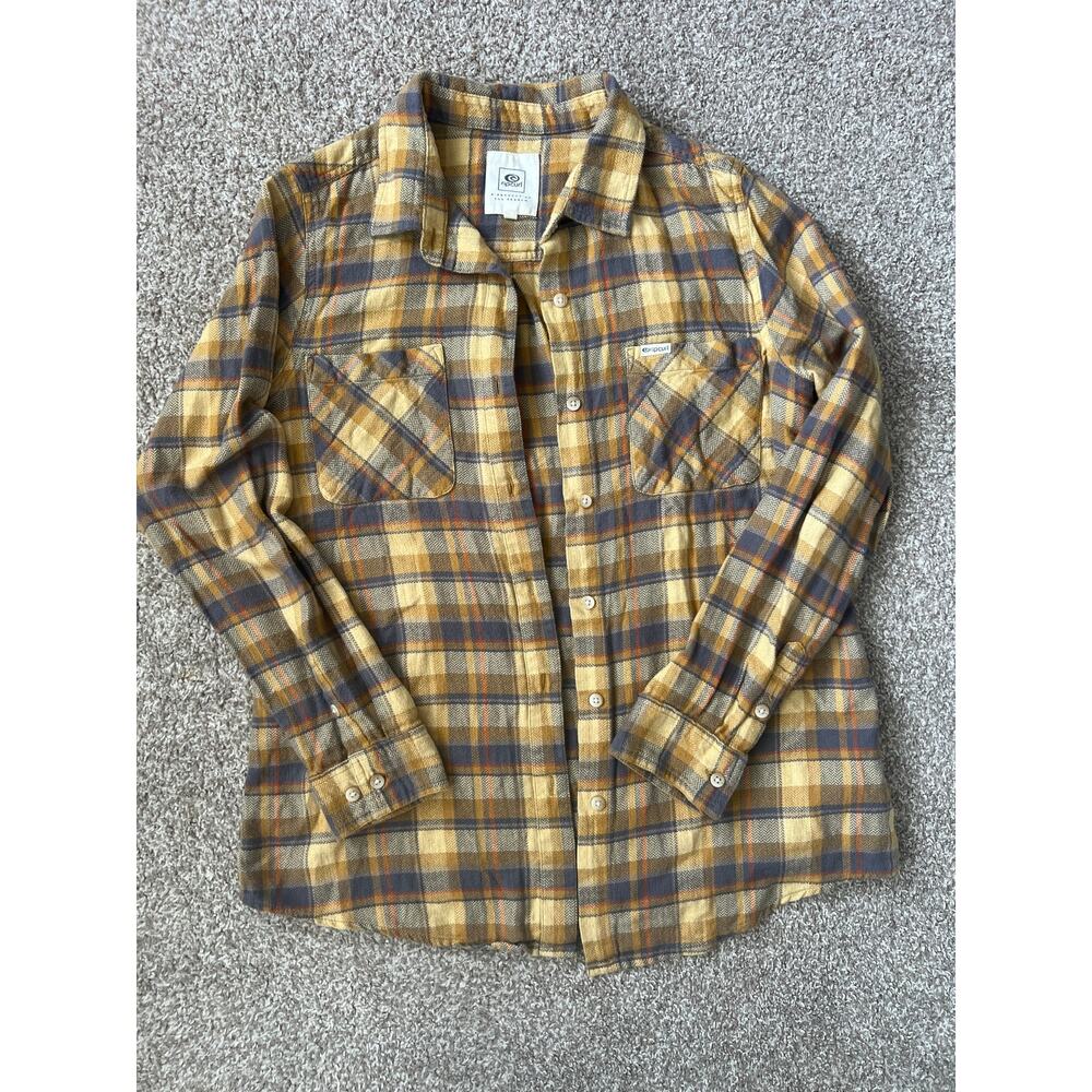 Rip‎ Curl Flannel Shirt Mustard Yellow Gray Plaid Button Up Cotton Blend M